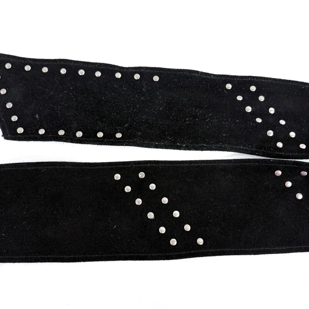 Suede‎ Wide Waist Belt Black Silver Studded Rectangular Buckle Boho Glam Y2K
